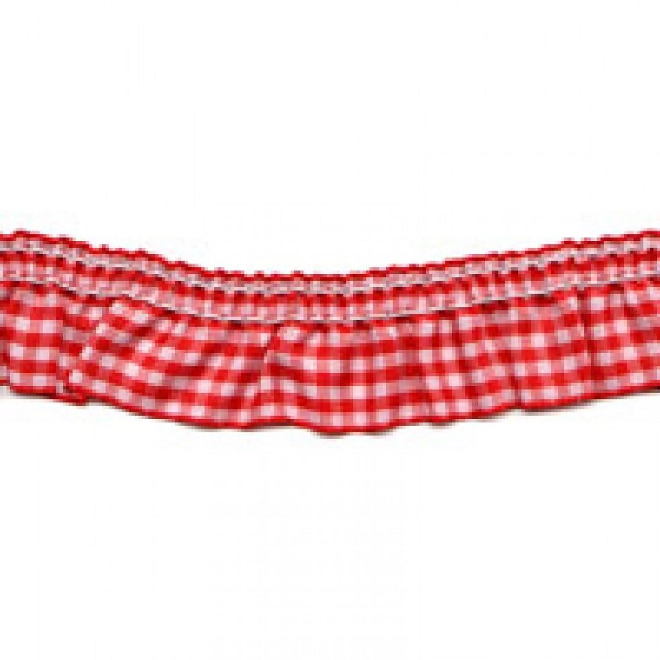 Essential Trimmings Red 25mm Frilled Gingham Ribbon Trim (Value Roll) for Dressmaking - per 12 metre roll