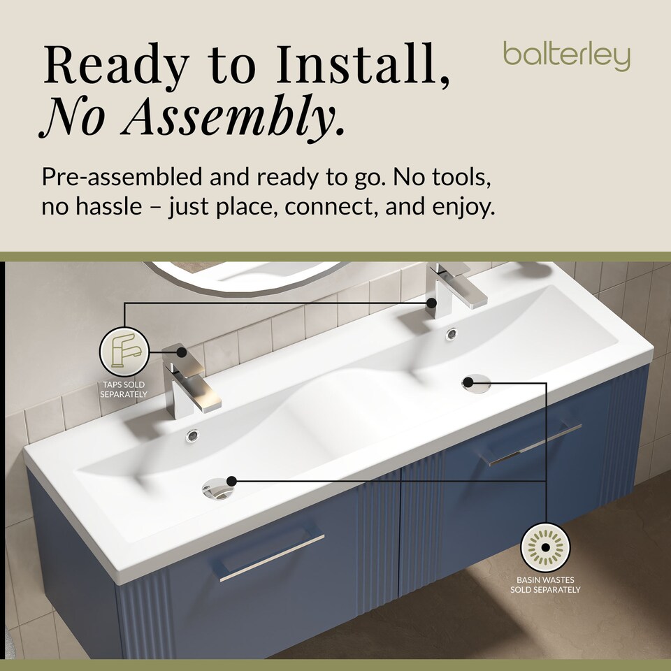 image 1 of Balterley Partial Fluted 2 Drawer Wall Hung Vanity Unit with Double Ceramic Basin | Blue | Satin Blue