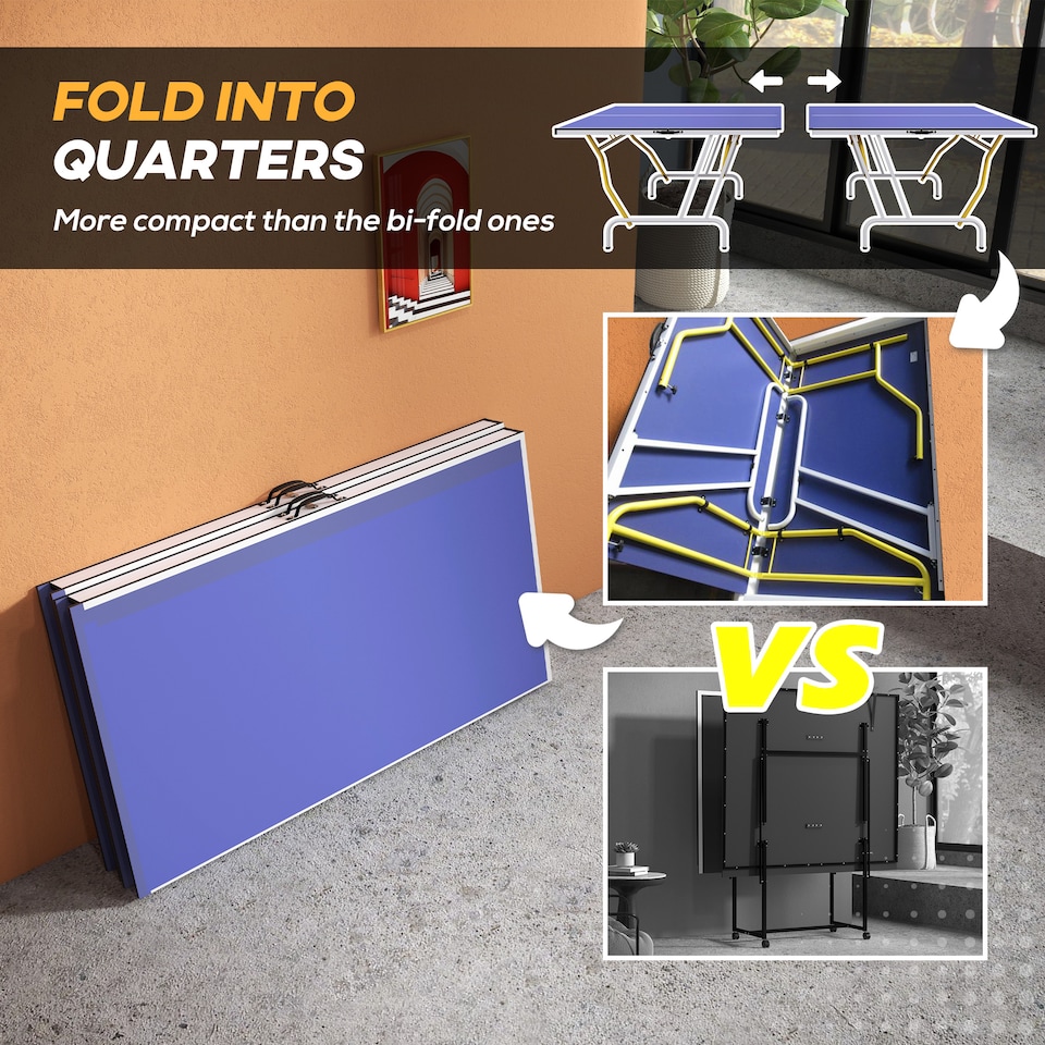 image 1 of SPORTNOW 9FT Foldable Table Tennis Table, Fold Into Quarters, Indoor Portable Full Size Ping Pong Table with Cover, Net, Paddles, Balls, Blue
