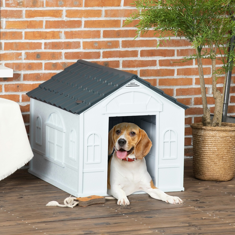 image 1 of PawHut Weather-Resistant Dog House, Puppy Shelter for Medium Dogs - Grey