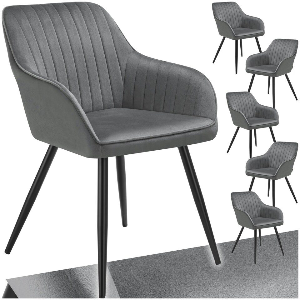 image 1 of Chair Marilyn - velvet look, quilted, continuous backrest, slim steel legs - Set of 6 Grey | Grey/Black