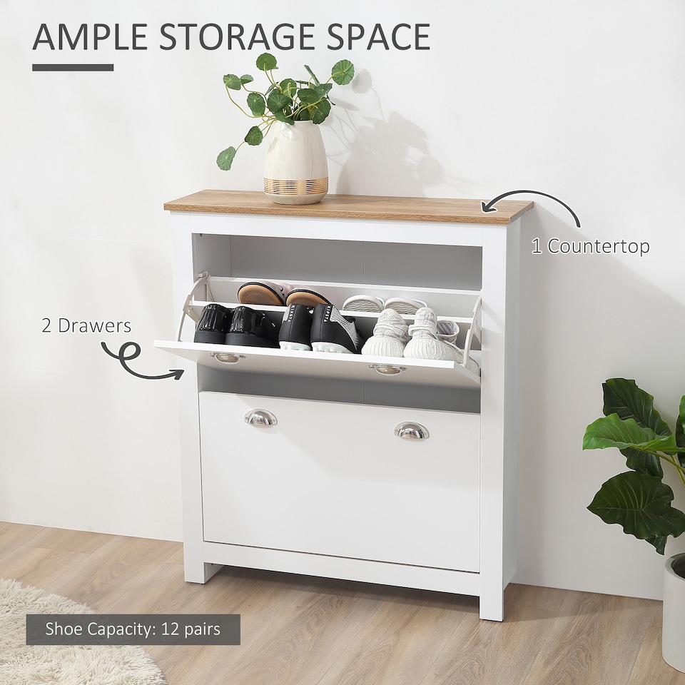 image 1 of HOMCOM 2 Drawer Shoe Cabinet Narrow Shoe Cupboard with Flip Doors, White
