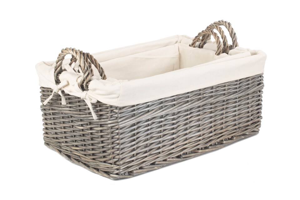 image 1 of Shallow Lined Antique Wash Storage Basket Set of 3 | White | White | Not provided