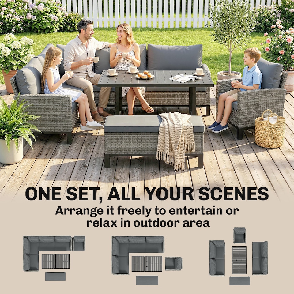 image 1 of Outsunny Rattan Garden Furniture Sofa Set, Outdoor Dining Set for 9, Grey | Grey | Dark Grey | 171 x 67 x 77 cm