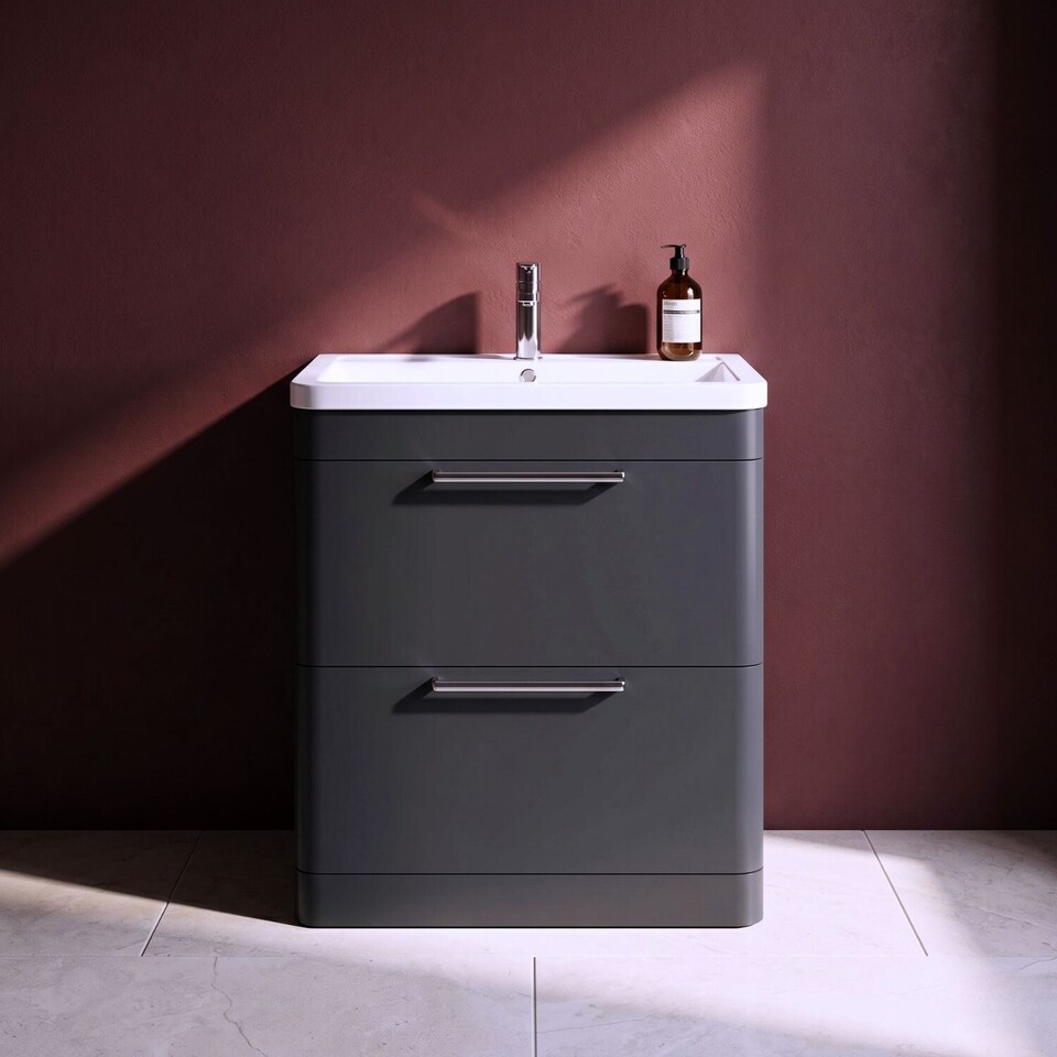 image 1 of Balterley Contemporary Bathroom Floor Standing Vanity Unit with 2 Soft Close Drawers & 1 Tap Hole Ceramic Basin, Dark Grey, 800mm