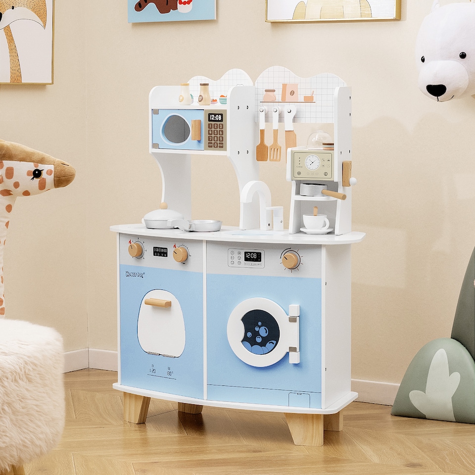 image 1 of COSTWAY Wooden Kids Kitchen Playset Pretend Play Kitchen With  Coffee Maker-Blue