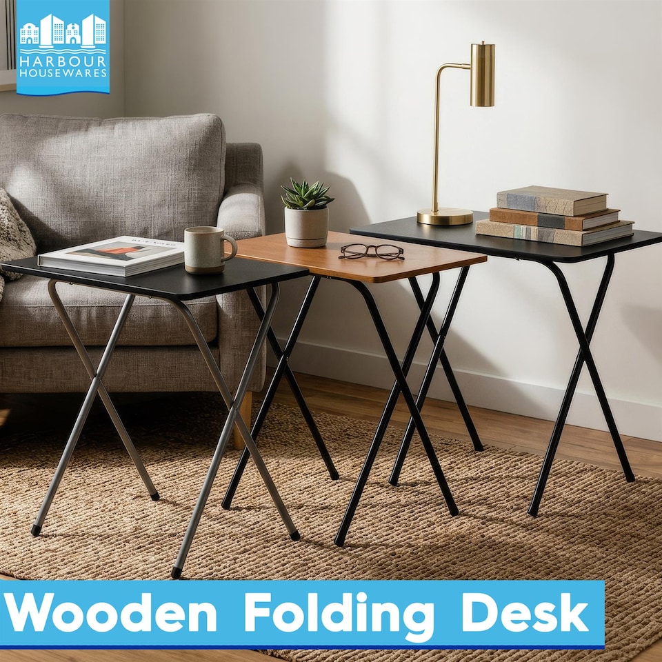 image 1 of Harbour Housewares Wooden Folding Desk & Chair Set - All Black | Black | All Black