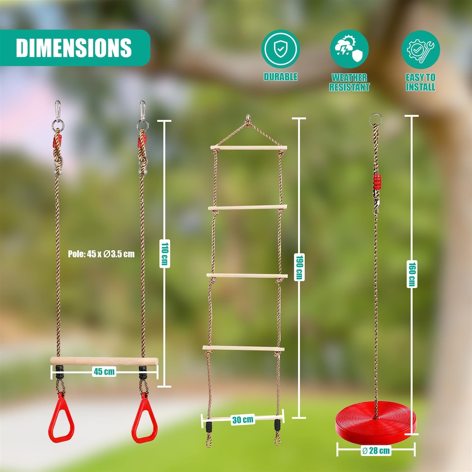image 1 of The Magic Toy Shop 3-in-1 Trapeze Swing Rope Ladder Set Outdoor Climbing Accessories