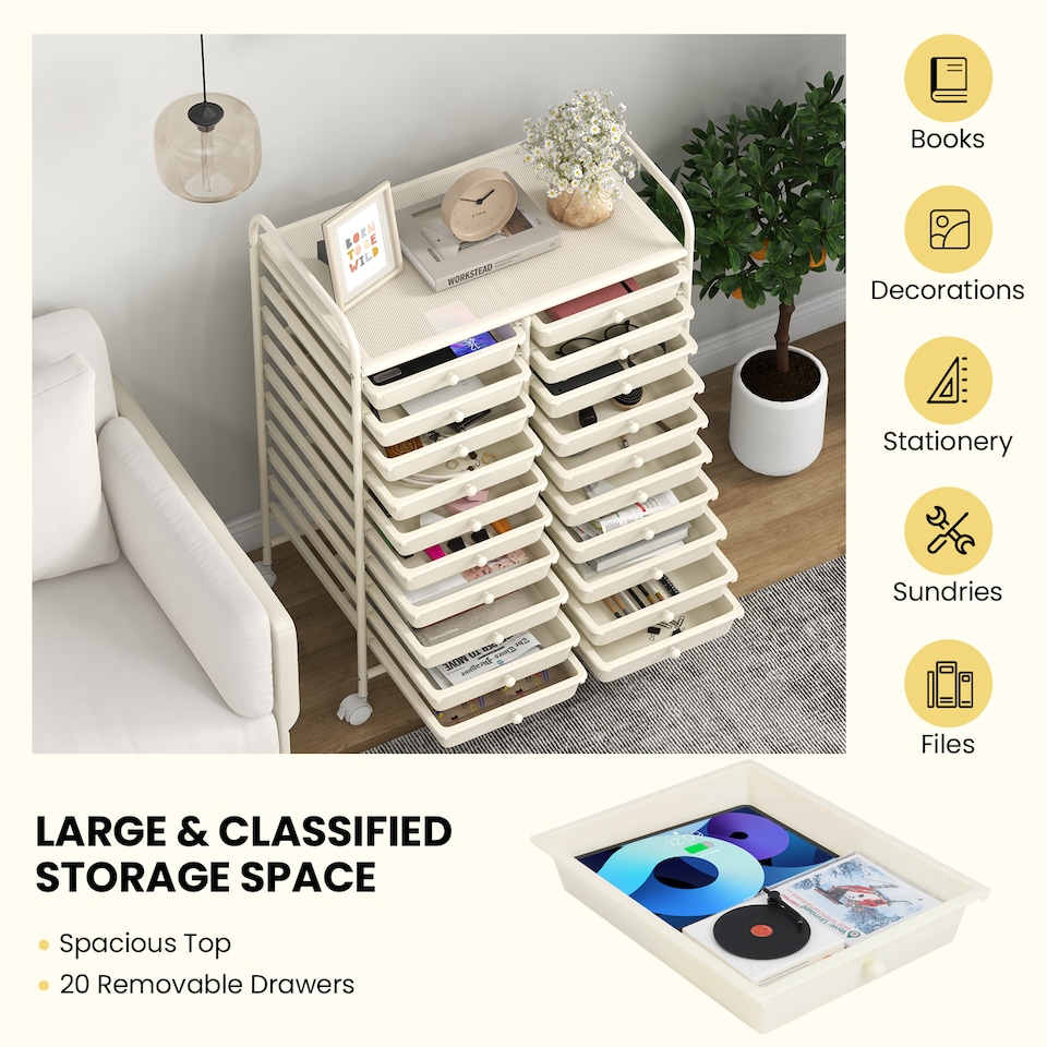 image 1 of COSTWAY 20 Drawer Rolling Storage Cart Storage White