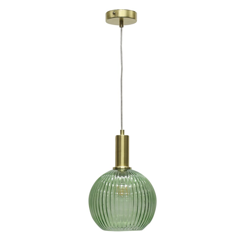 First Choice Lighting Betchley - Green Ribbed Glass Globe Satin Brass Deco Pendant Fitting
