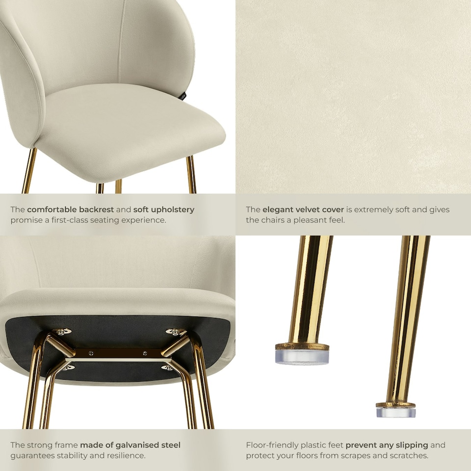 image 1 of Bar Stool Luana - with backrest, velvet look and padded - Set of 2 Cream | Gold