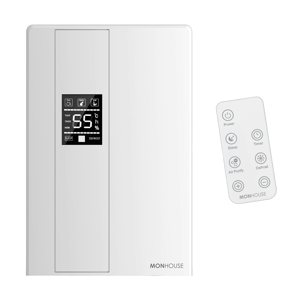 image 1 of MONHOUSE Premium Dehumidifier for Home - 2200ml Tank - Remote Controlled, Sleep & Defrost Mode LED Display, 24 hr Timer & Auto Shut Off - Damp Absorber - White