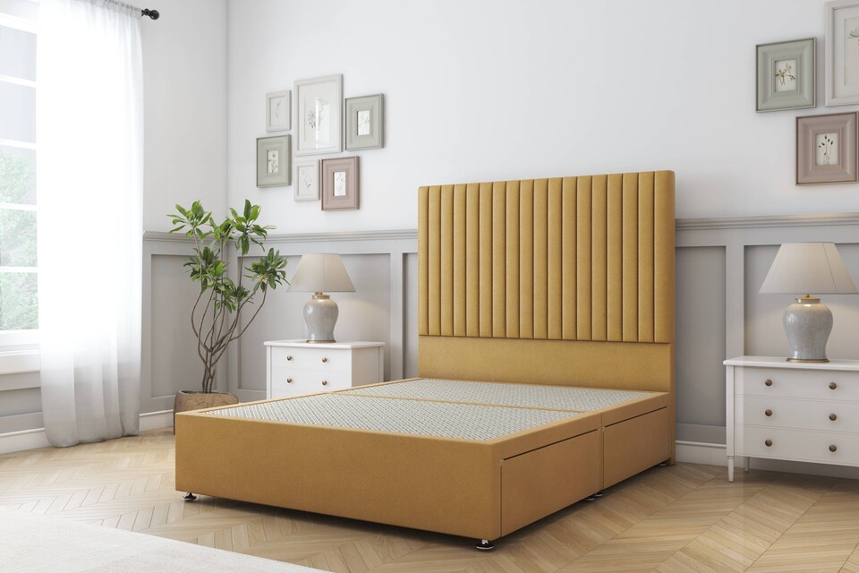 image 1 of Sloomy Manhattan Mustard Plush Divan Bed Base No Drawers With 26 Inch Strutted Headboard | Gold | Mustard | Small Single | 1