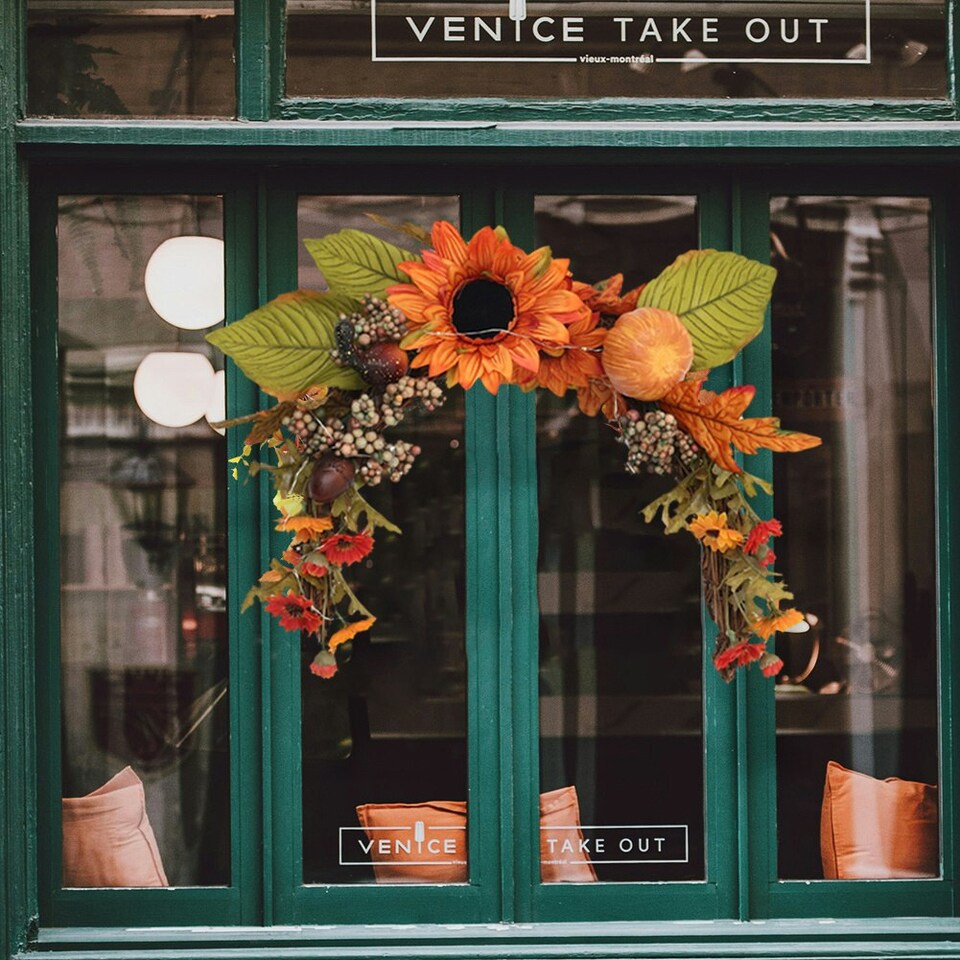 image 1 of Living and Home Artificial Sunflower Wreath with Pumpkins - Halloween Hanging Decor