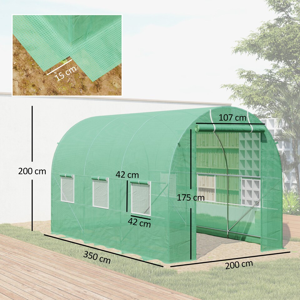 image 1 of Outsunny 3.5 x 2m Walk-In Polytunnel Greenhouse with Roll Up Door Windows Green