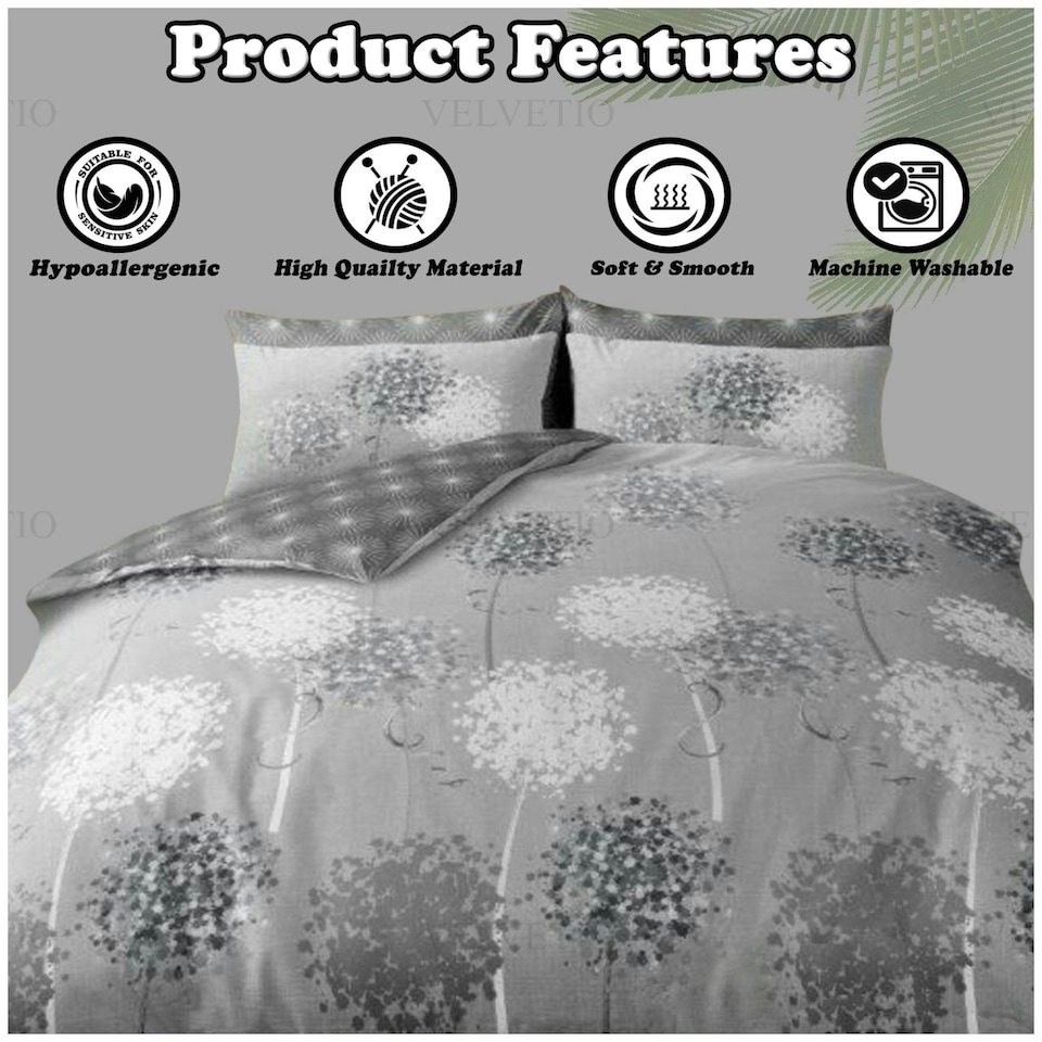 image 1 of VELVETIO Botanical Dandi Complete Duvet Cover Set with Fitted Sheet Soft Polycotton Bedding Sets Grey | Double