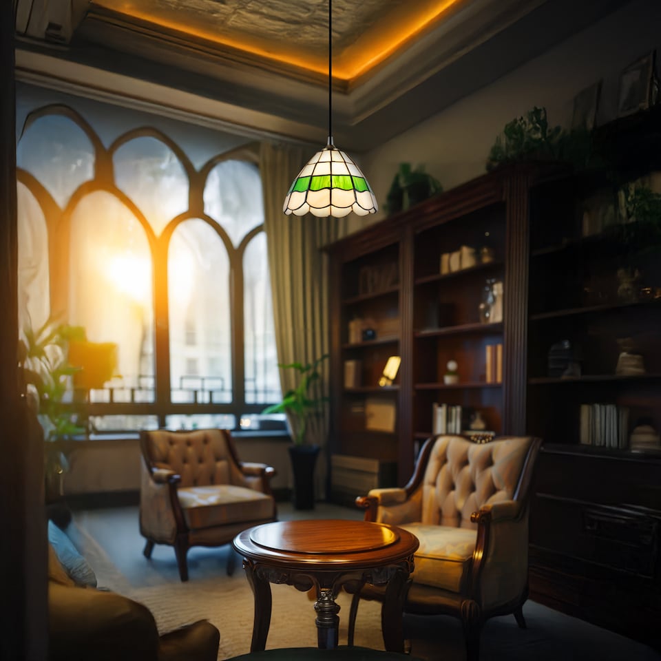 image 1 of Traditional Green and Amber Stained Glass Tiffany Pendant Lighting Shade | Green