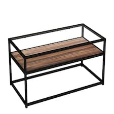 Glass Display Top Coffee Table with Steel Frame Reversible Wooden Storage Shelf | Black | Dark Walnut