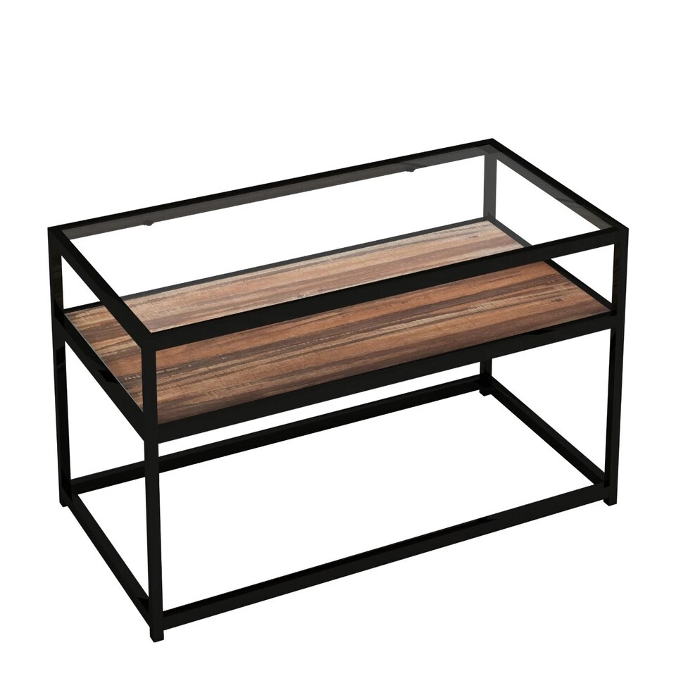 image 1 of Glass Display Top Coffee Table with Steel Frame Reversible Wooden Storage Shelf | Black | Dark Walnut