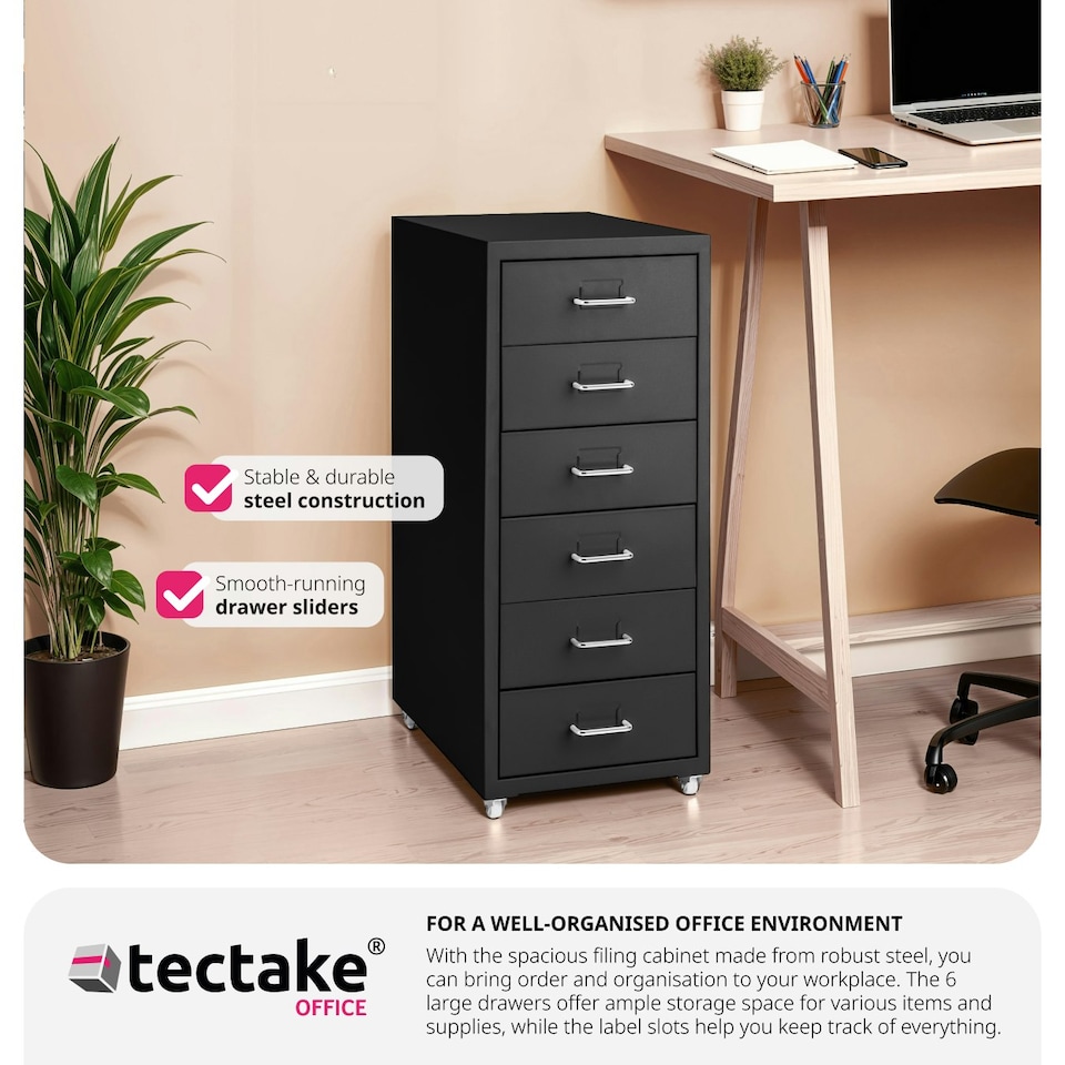image 1 of Filing Cabinet - made of steel, 4 wheels, 6 drawers, label holders, easy assembly Black
