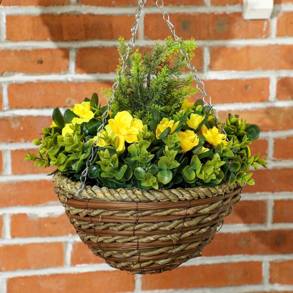 image 1 of Outsunny Pack of 2 FauPlant Artificial Lisianthus Flowers Hanging Planter with Basket for Indoor Decoration, Yellow