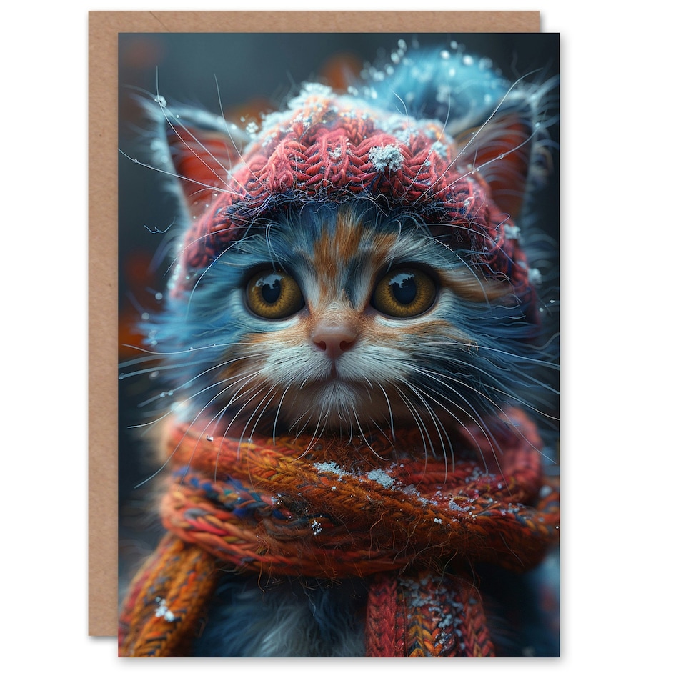image 1 of Cute Kitten Winter Hat Scarf Baby Cat Pet Child Birthday Card