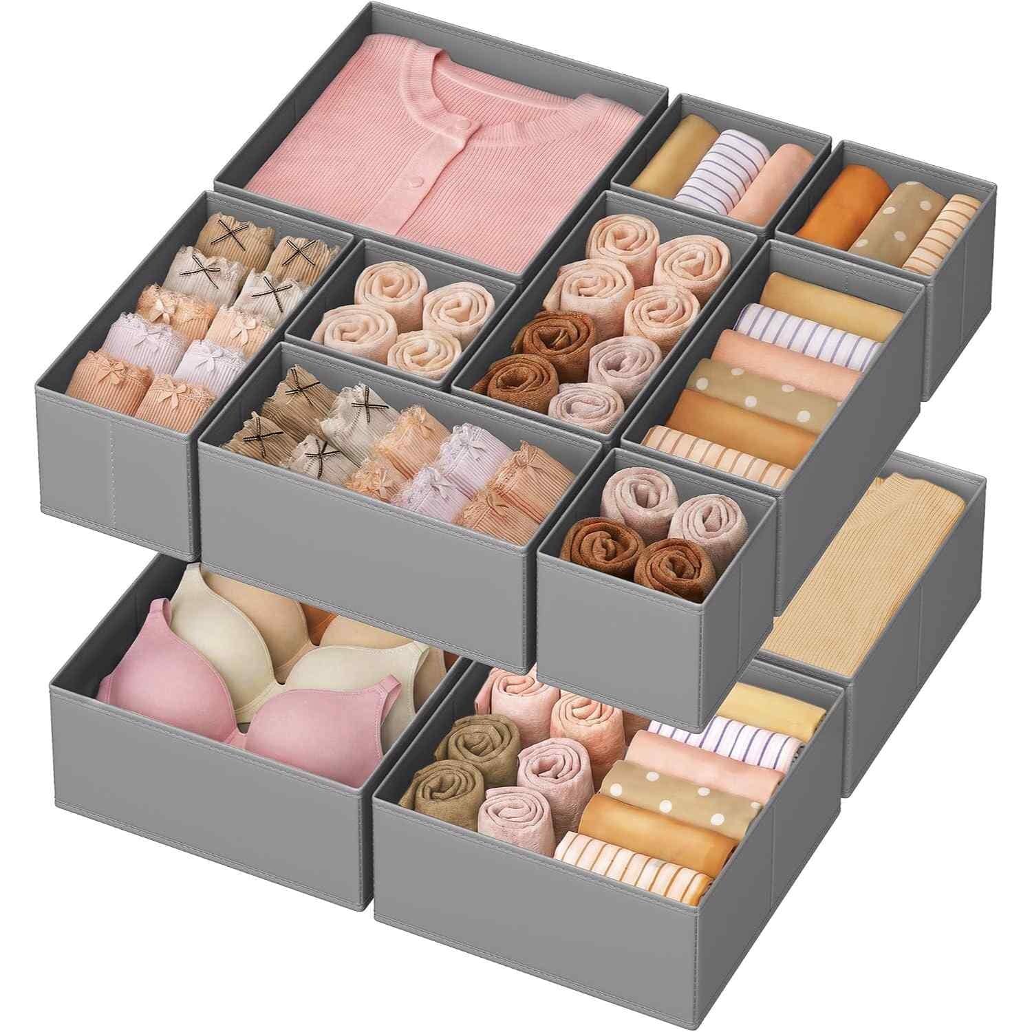 Set of 12 Foldable Drawer Organisers, Fabric Storage Boxes for Socks, Underwear and Accessories, Dove Grey