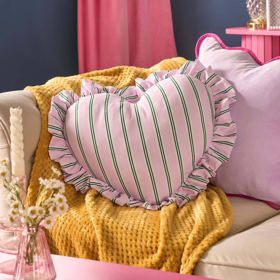 image 1 of OHS Heart Shaped Frill Scatter Cushion Throw Pillow | Multi | Pink/Green