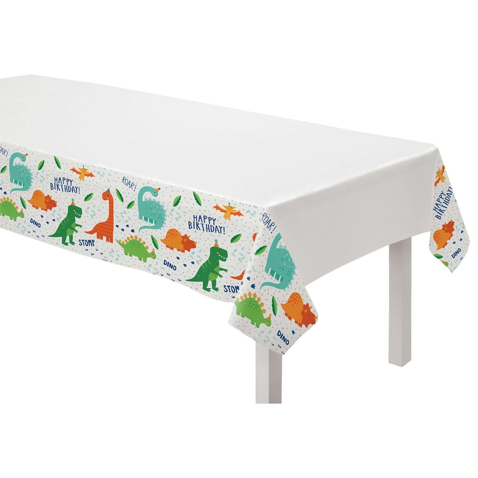Amscan Dino-Mite Plastic Party Table Cover - White/Green/Orange - 2.4m x 1.3m