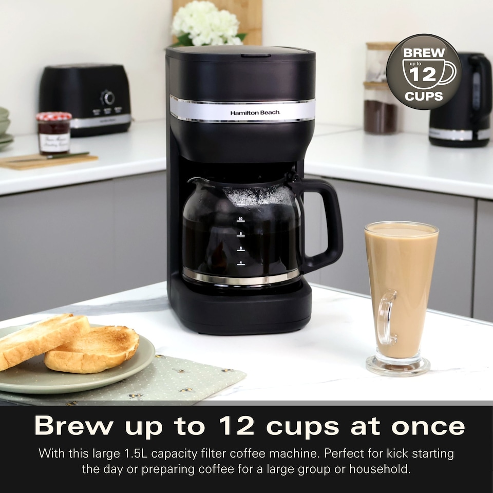 image 1 of Hamilton Beach Filter Coffee Machine, Ella 1.5L, 900W, Coffee Maker for Instant Coffee, Espresso, Macchiato, Makes 12 Cups, Re-usable Filter, Anti-Drip, Water Level Window, Matte Black - HBC9453MB