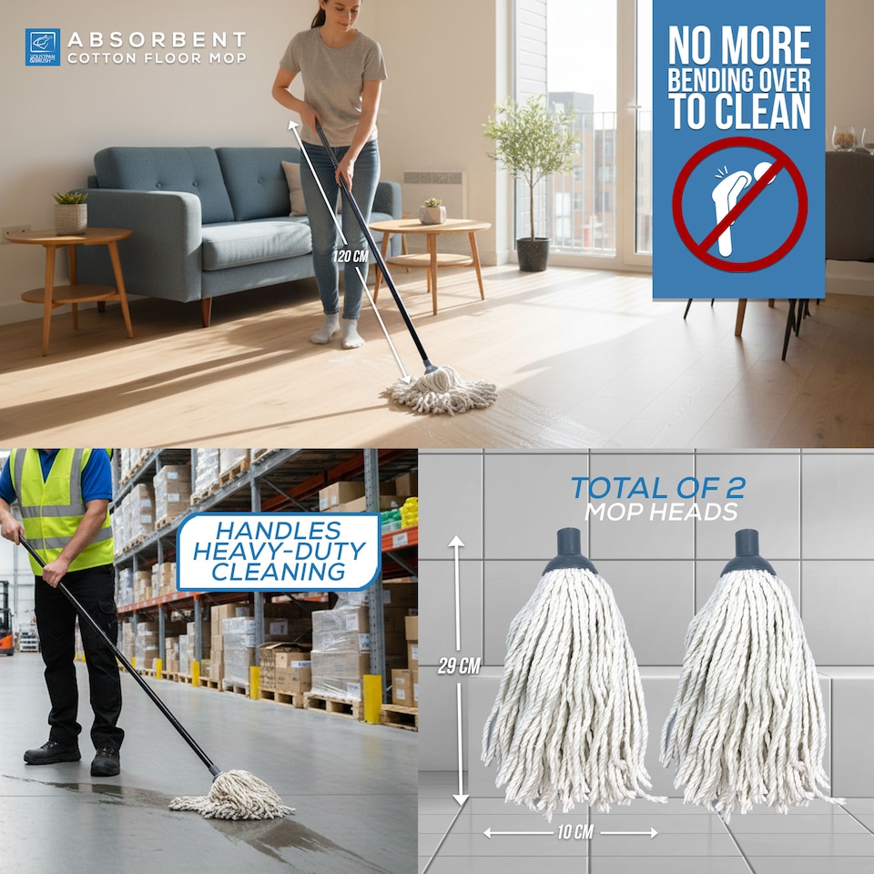 image 1 of Highly Absorbent Cotton Floor Mop Set Traditional String Mop with Extra Replacement Head