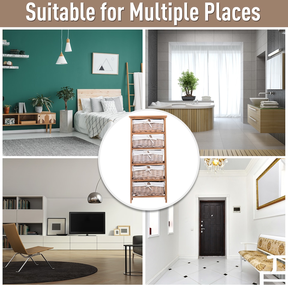 image 1 of HOMCOM 5 Drawer Dresser Wicker Basket Storage Shelf Unit Wooden Frame Home Organisation Cabinet Bedroom Office Furniture Natural Finish