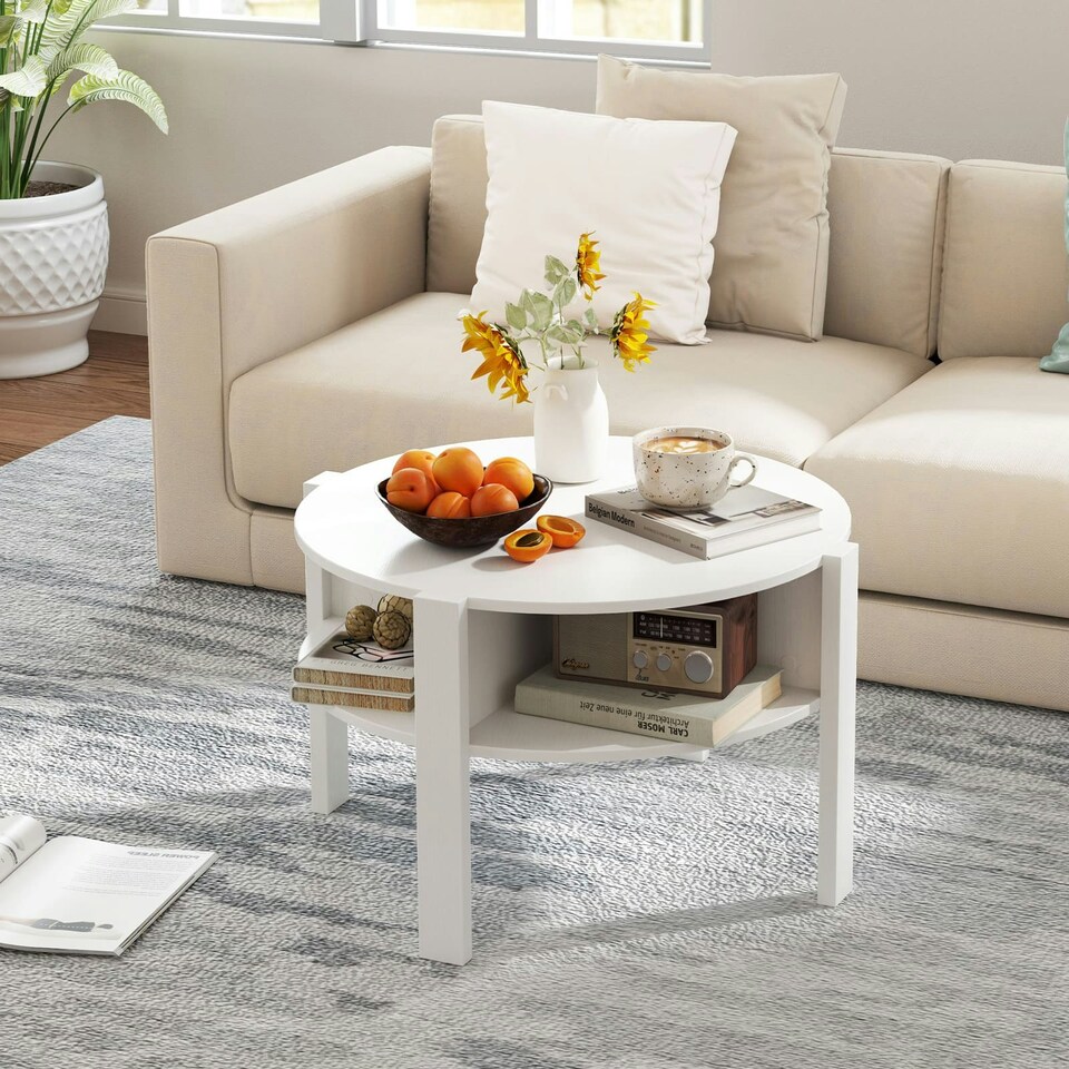image 1 of COSTWAY 2-Tier Round Coffee Table Tea Cocktail Table White White