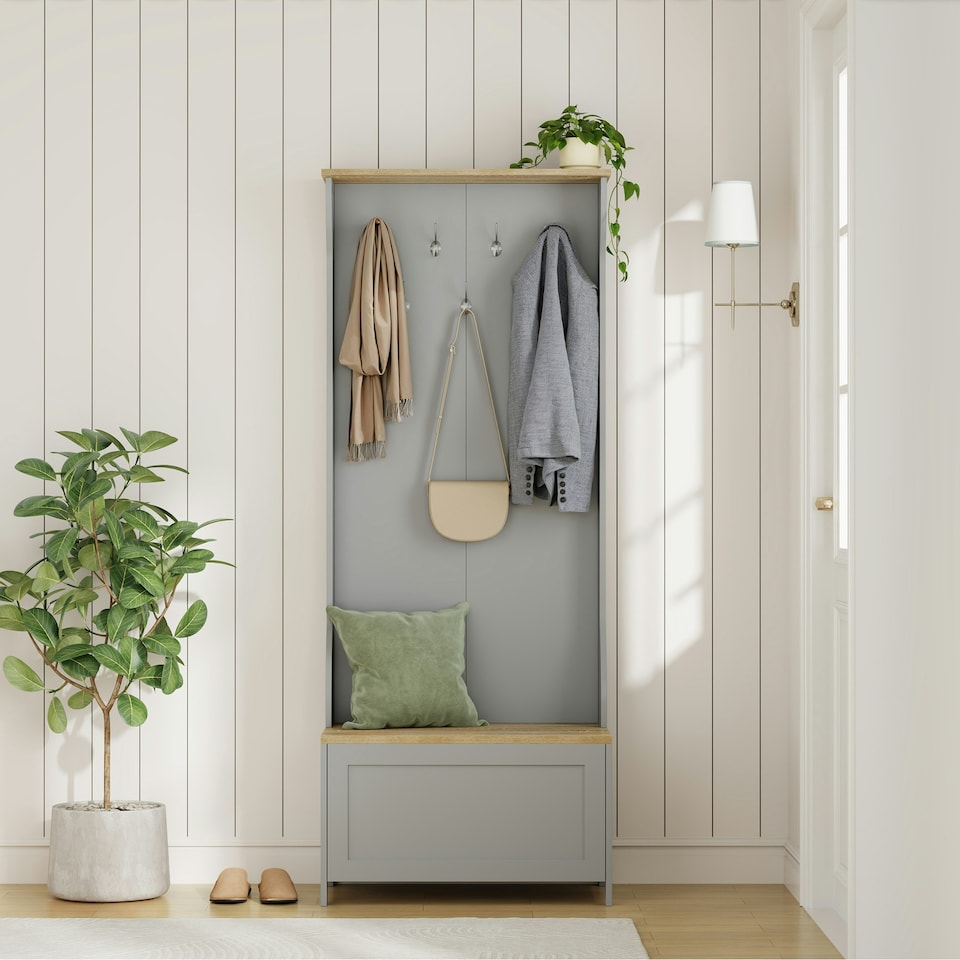 image 1 of VonHaus Grey Coat Rack Stand and Shoe Storage Bench for Hallway