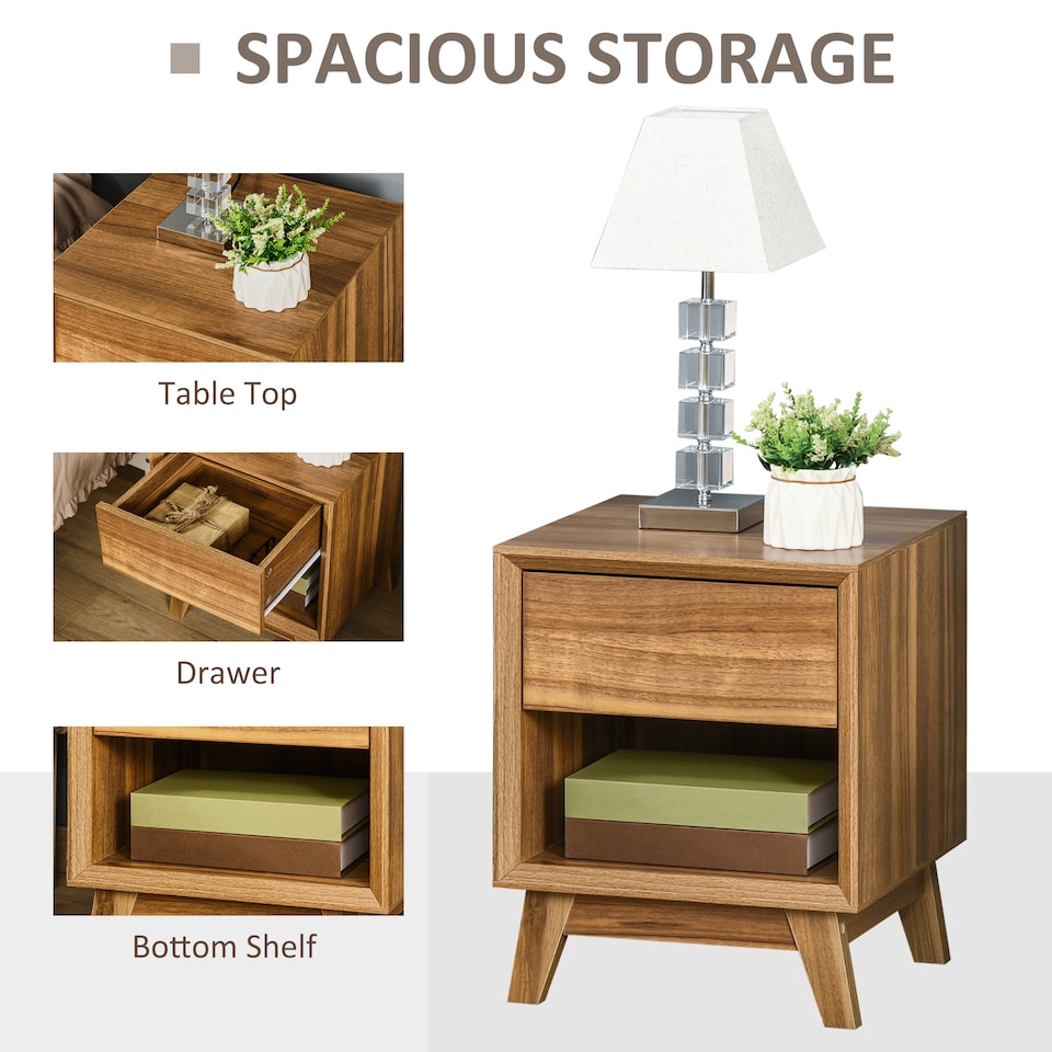 image 1 of HOMCOM Modern Bedside Table Nightstand, Living Room End Table, Side Table with Drawer and Shelf, Walnut Brown