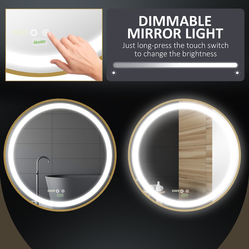 image 1 of kleankin Round Bathroom LED Mirror, Dimmable Lighted Wall-Mounted Mirror with 3 Temperature Colours, Time Display, Memory Function, Hardwired, Gold