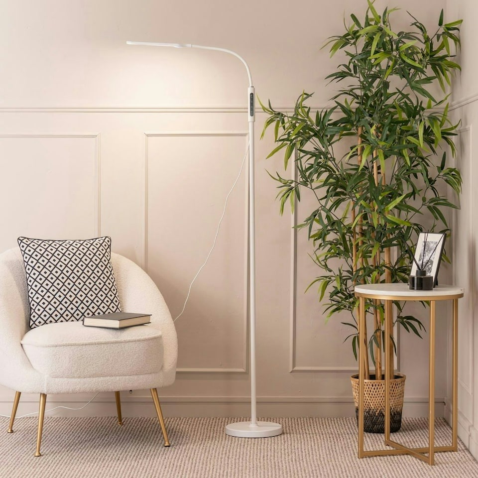 image 1 of ValueLights Daylight Dimmable Gloss White Floor Lamp and Integrated LED 12W White Mix 6000K Bulb