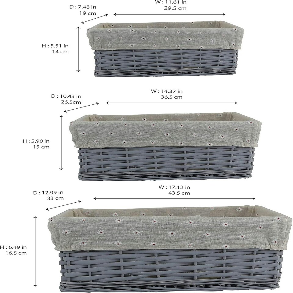 image 1 of Marco Paul Set of 3 Grey Storage Baskets Decorative Storage Boxes Wicker Basket Grey