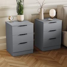 Vida Designs Trega 3 Drawer Bedside Chest Bedroom Storage Unit, (H) 50cm x (W) 39cm x (D) 28cm, Grey, Set of 2