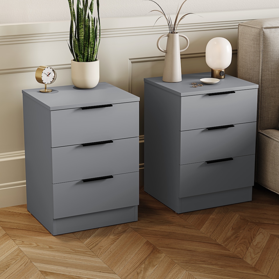 image 1 of Vida Designs Trega 3 Drawer Bedside Chest Bedroom Storage Unit, (H) 50cm x (W) 39cm x (D) 28cm, Grey, Set of 2
