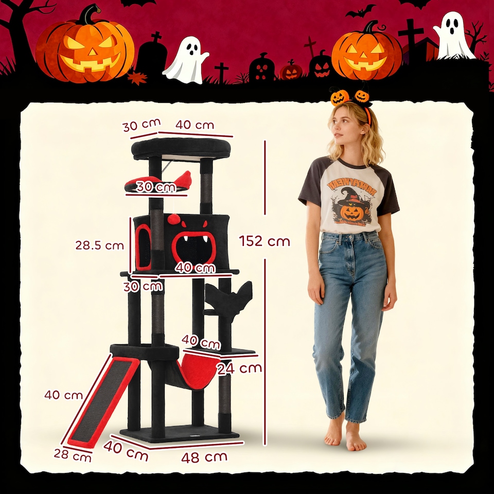 image 1 of PawHut 152cm Gothic Cat Tree for Halloween with Coffin Bed, Large Condo
