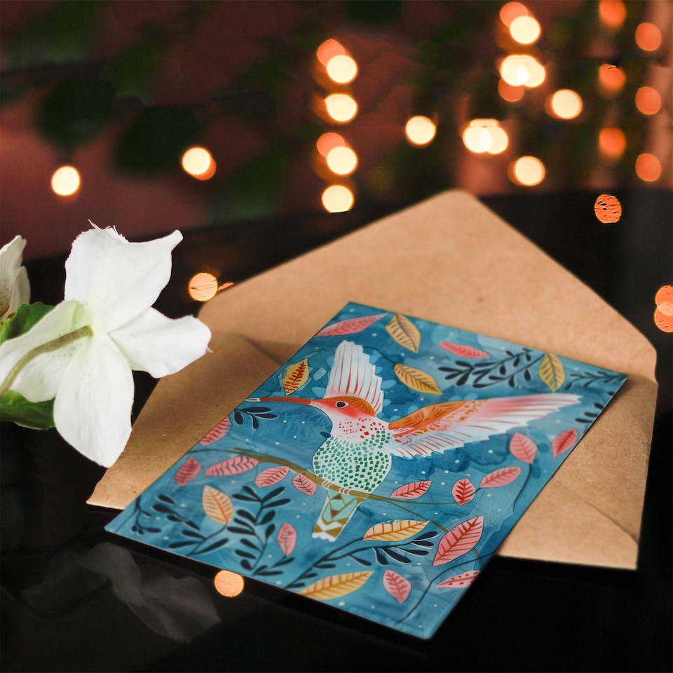 image 1 of Greeting Card Hummingbird Folk Art Pink Blue Orange Watercolour