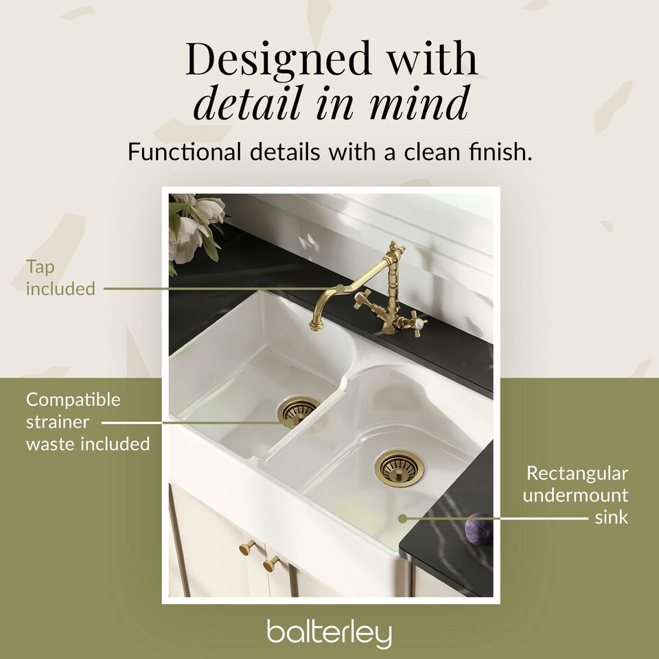 image 1 of Fireclay Kitchen Bundle - 2 Bowl Stepped Weir Butler Sink, Wastes & French Classic Tap, 795mm - Brushed Brass