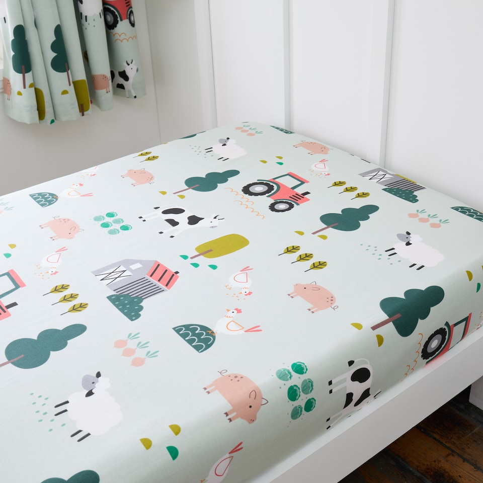 image 1 of Happy Linen Company Barn Yard Farm Animals Fitted Sheet Bedsheet Bedding Bed Linen | Green | Single