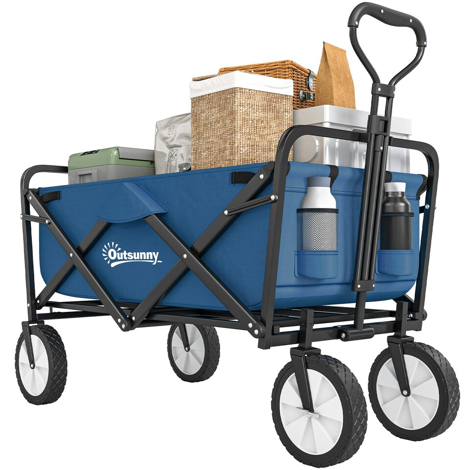 image 1 of Outsunny Folding Outdoor Storage Trolley Cart Bag Telescopic Handle Brakes Blue