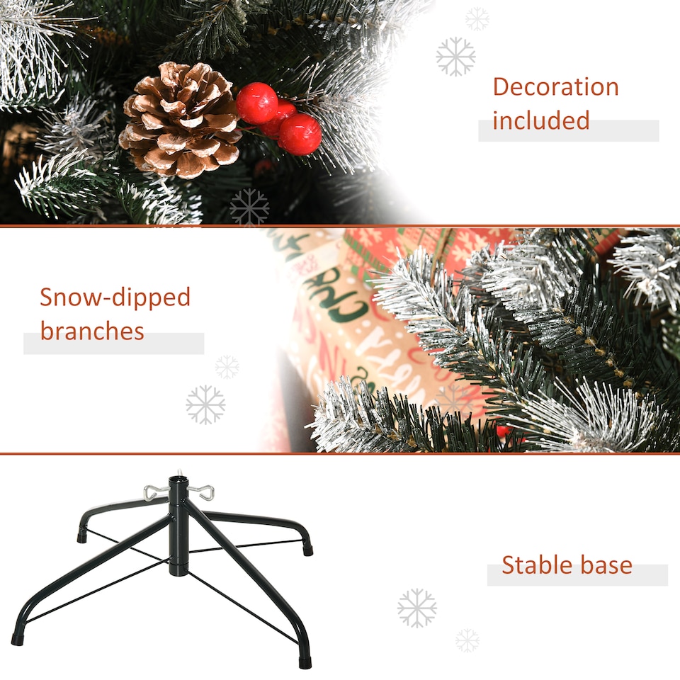 image 1 of HOMCOM 6FT Artificial Snow Dipped Christmas Tree mas Pencil Tree Holiday Home Party Decoration with Foldable Feet Red Berries White Pinecones, Green