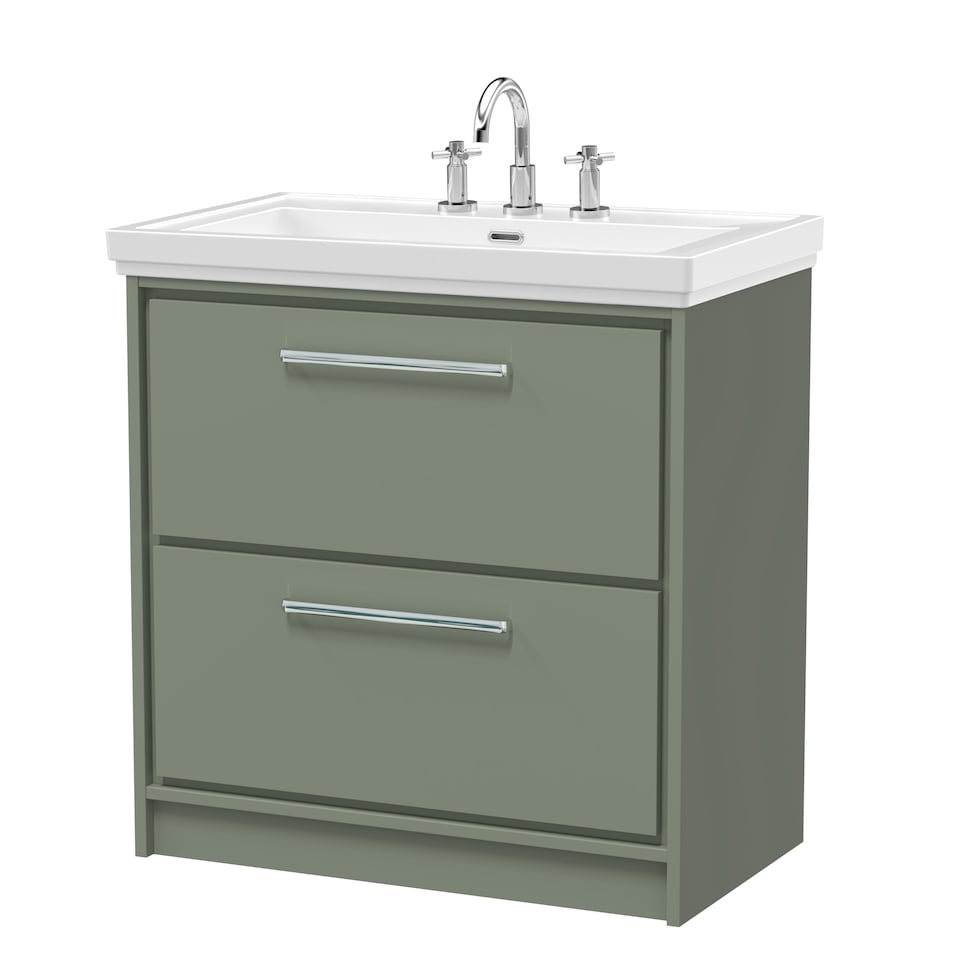 image 1 of Balterley Modern Bathroom Floor Standing 2-Drawer Vanity Unit with Fireclay Basin - Basin, 3 Tap Holes | Green | Reed Green | 1