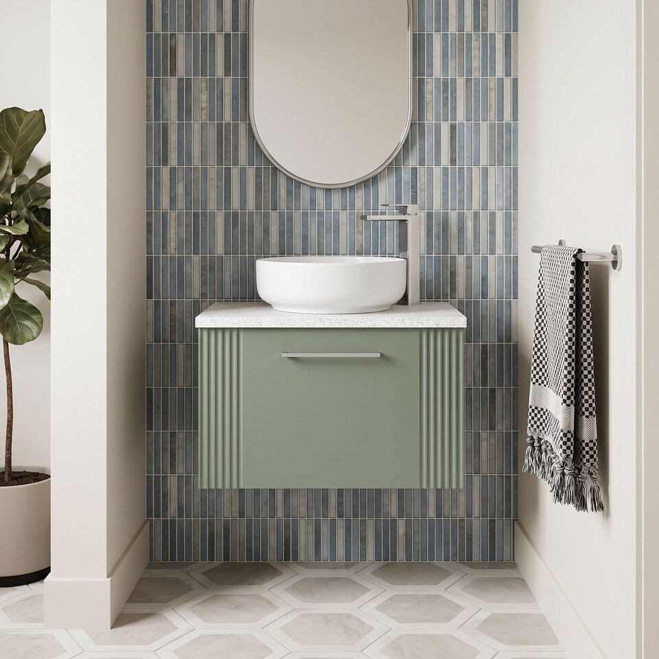 image 1 of Balterley Partial Fluted 1 Drawer Wall Hung Vanity Unit with Sparkling Laminate Worktop | Green | Satin Green