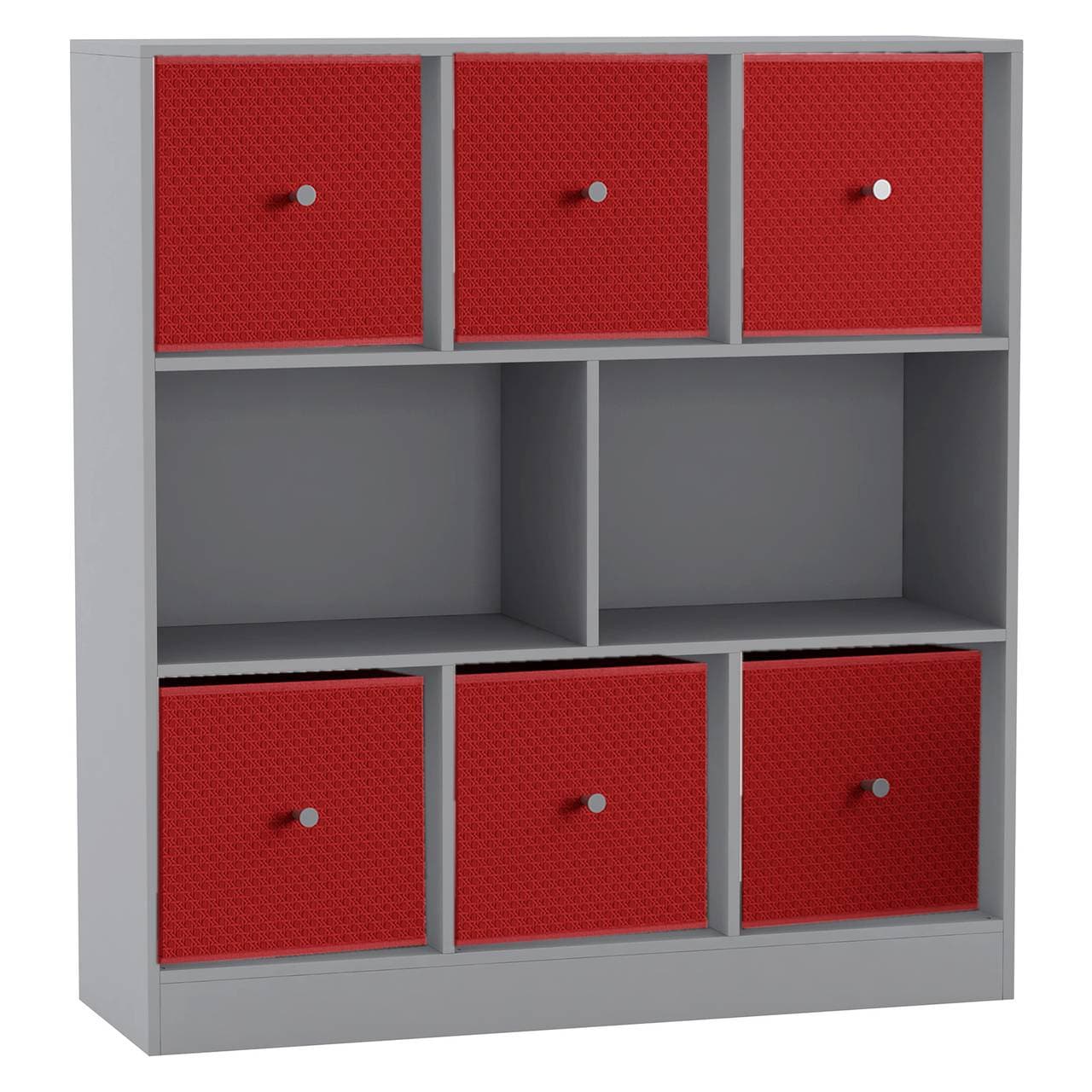 Asymmetrical 8 Cube Bookcase Unit w/ 6 Drawer Inserts Grey Grey & Red 8