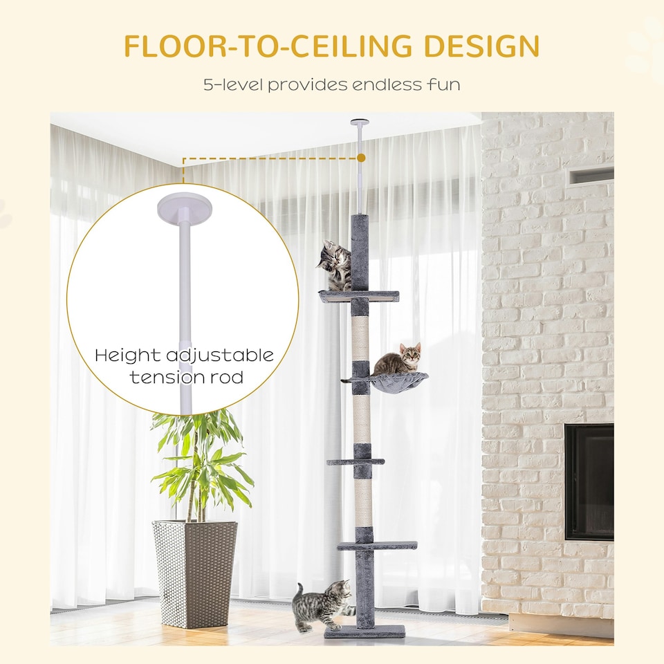image 1 of PawHut Floor to Ceiling Cat Tree 5-Tier Climbing Tower Scratching Post Grey